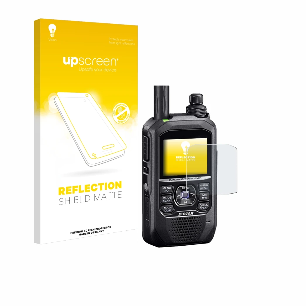 Front side of a product packaging with the brand logo upscreen. Next to it is the device Icom ID-50E shown with the correspond