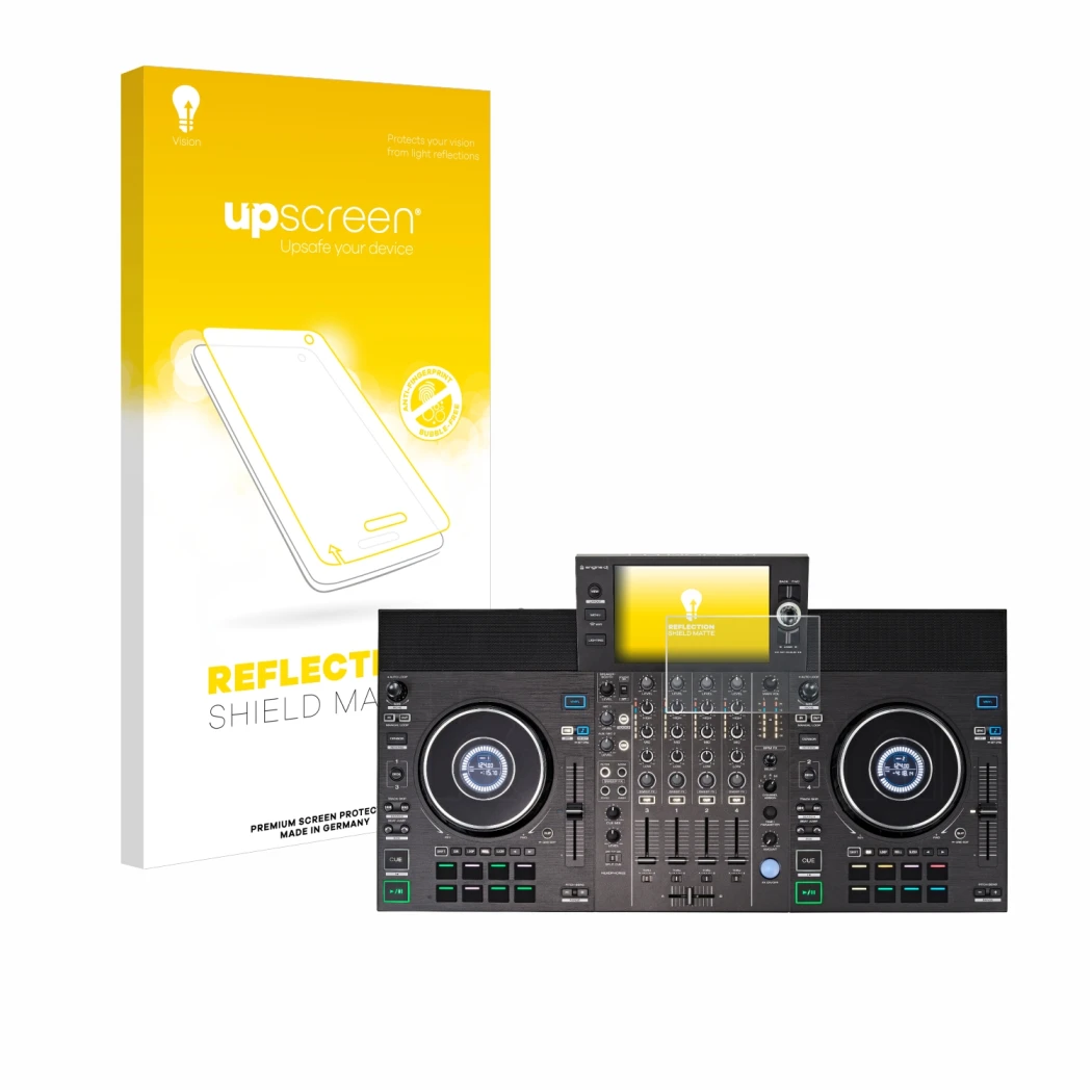 Front side of a product packaging with the brand logo upscreen. Next to it is the device Denon DJ SC LIVE 4 shown with the cor