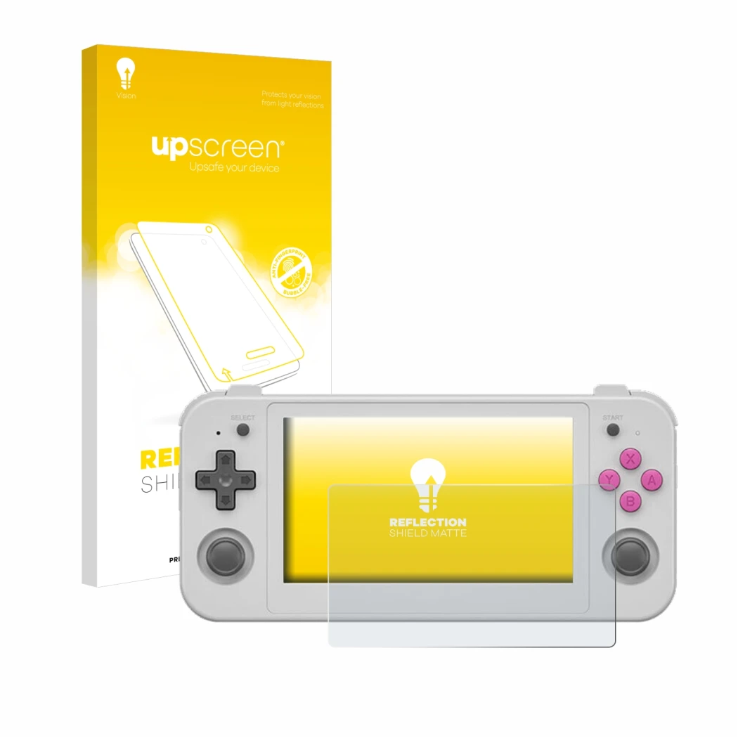 Front side of a product packaging with the brand logo upscreen. Next to it is the device Anbernic RG505 shown with the corresp