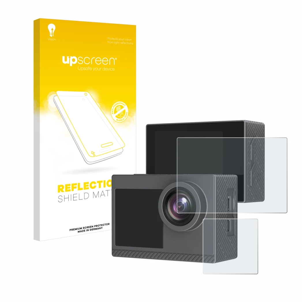Front side of a product packaging with the brand logo upscreen. Next to it is the device Akaso Brave 4 Pro shown with the corr
