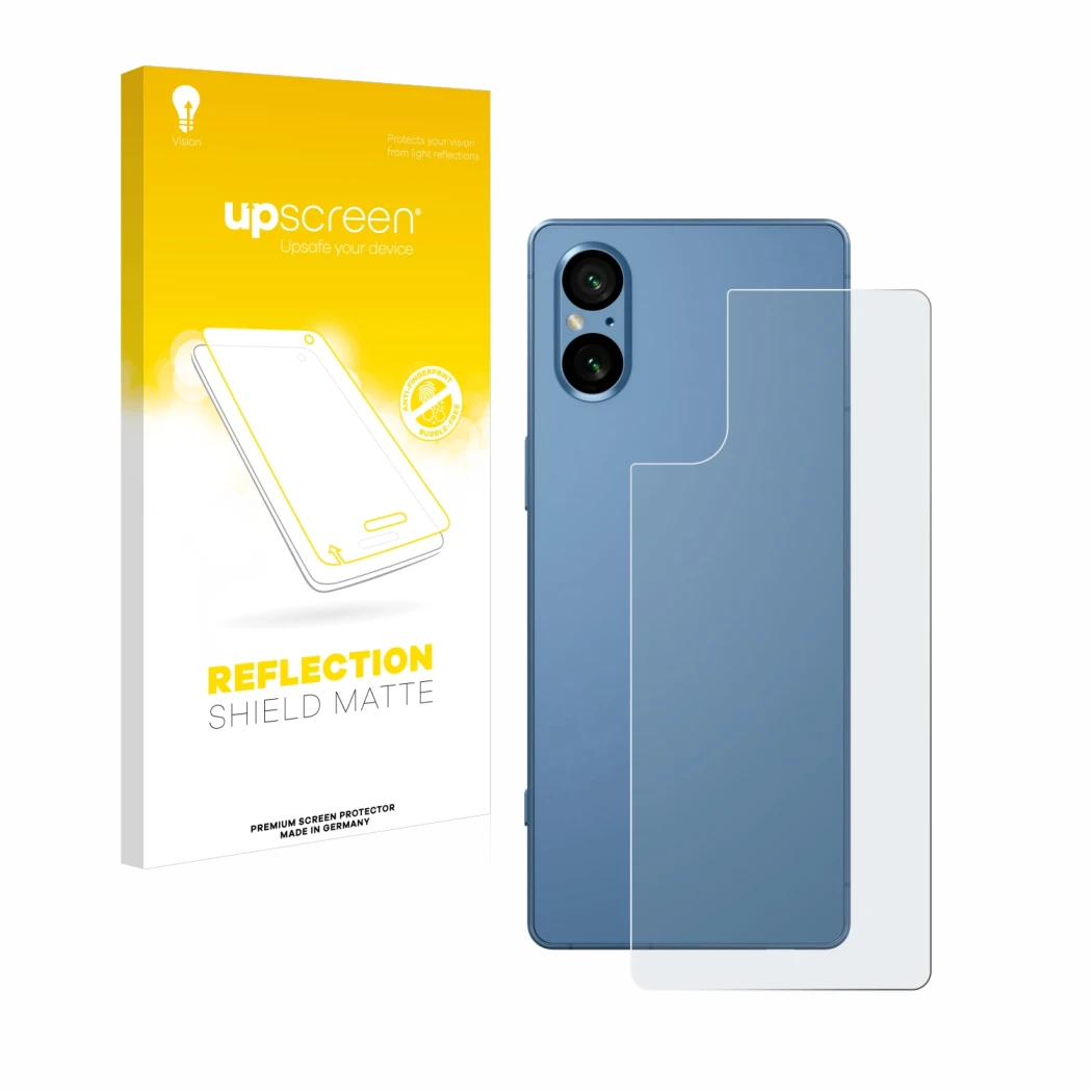 Front side of a product packaging with the brand logo upscreen. Next to it is the device Sony Xperia 5 V (Back) shown with the