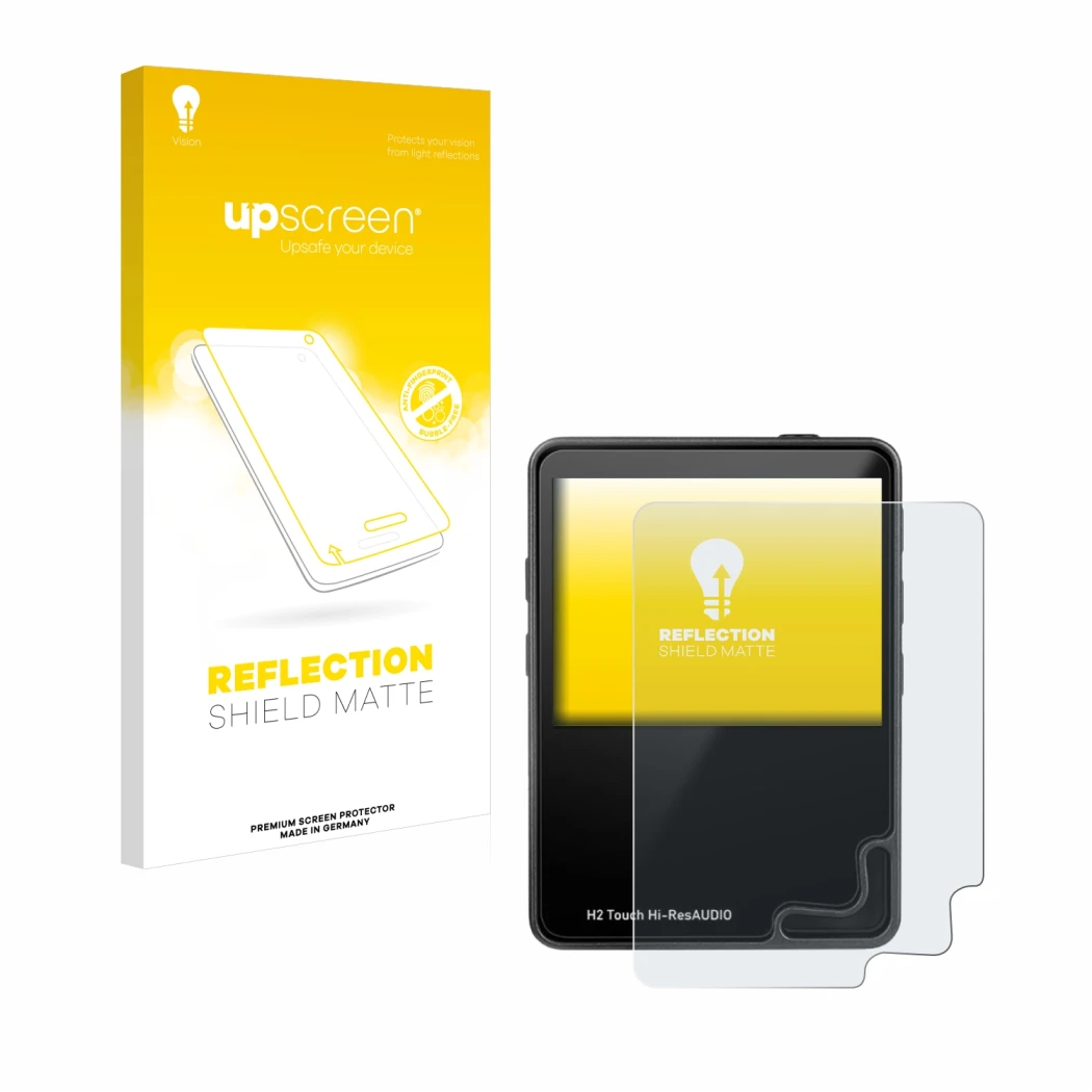 Front side of a product packaging with the brand logo upscreen. Next to it is the device HifiWalker H2 touch shown with the co