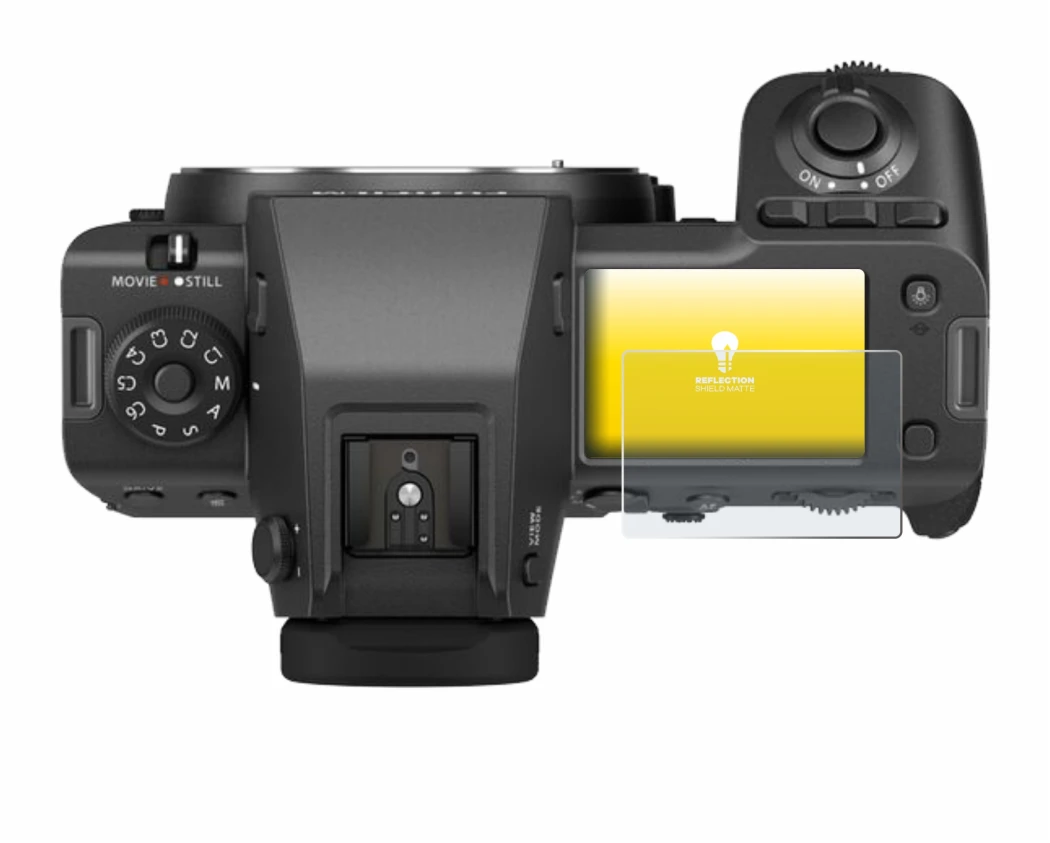 Image of the device Fujifilm GFX100 II (top plate display) with a wide variety of screen protectors.
