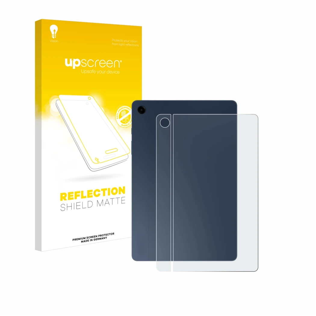 Front side of a product packaging with the brand logo upscreen. Next to it is the device Samsung Galaxy Tab A9 Plus 5G (Back)