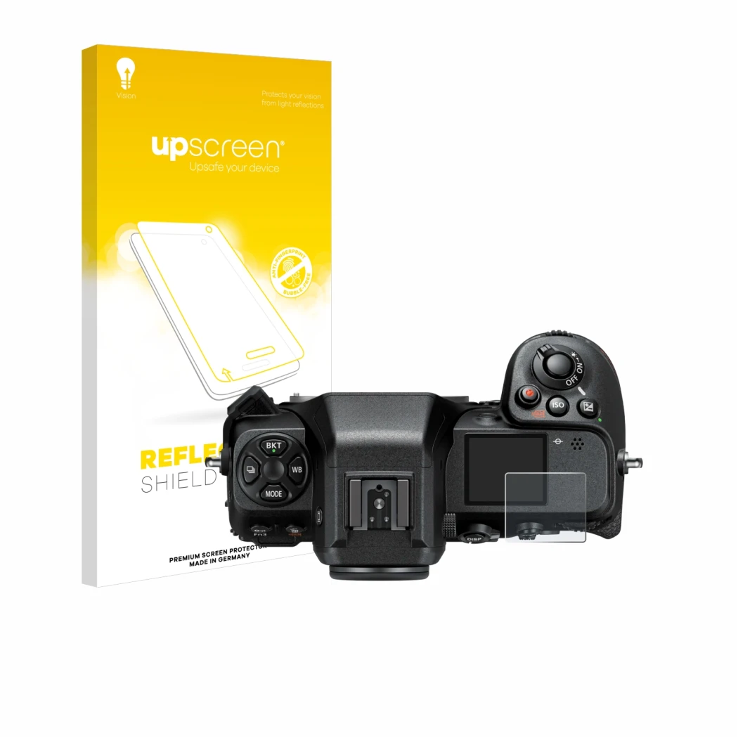 Front side of a product packaging with the brand logo upscreen. Next to it is the device Nikon Z 8 (top plate display) shown w