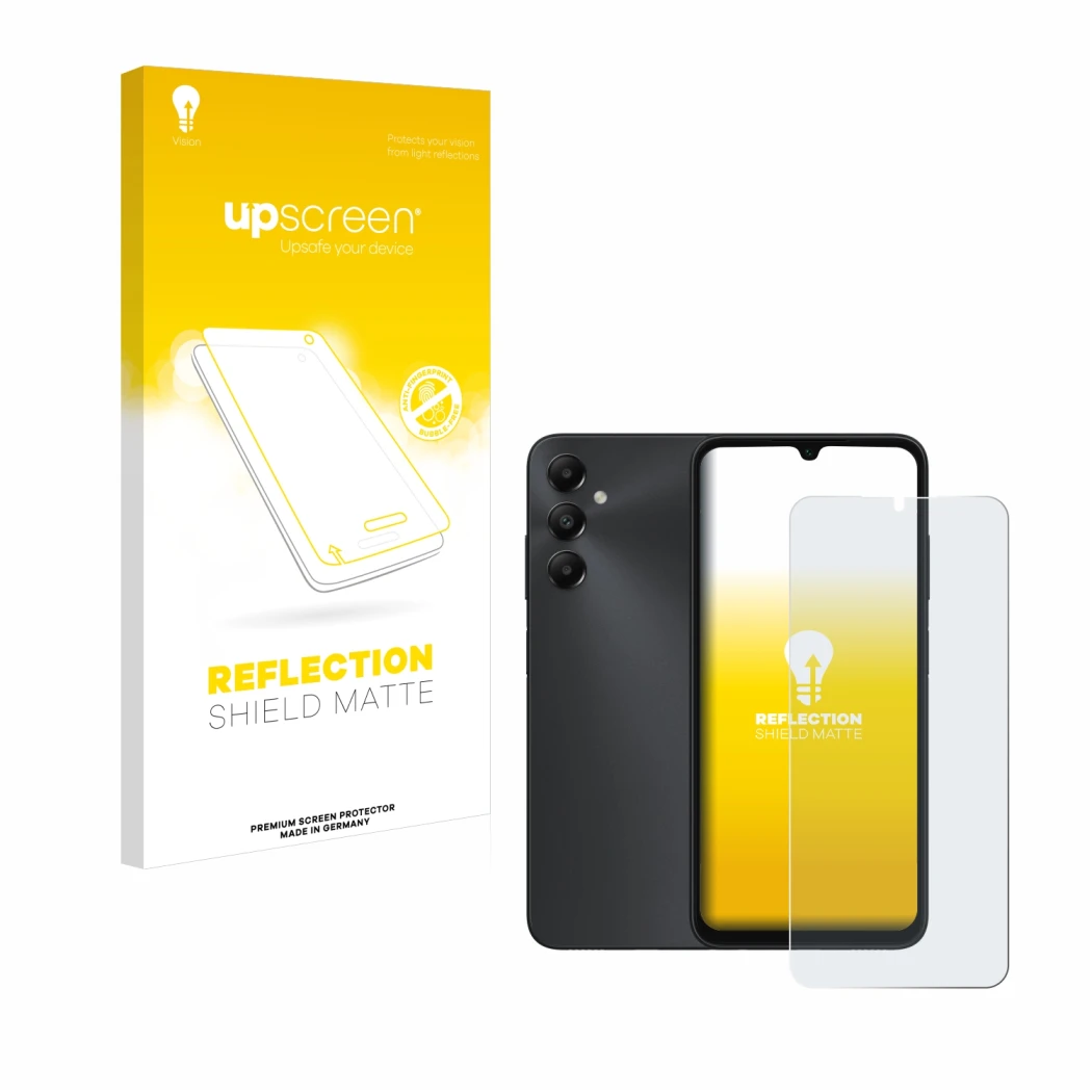 Front side of a product packaging with the brand logo upscreen. Next to it is the device Samsung Galaxy A05s shown with the co