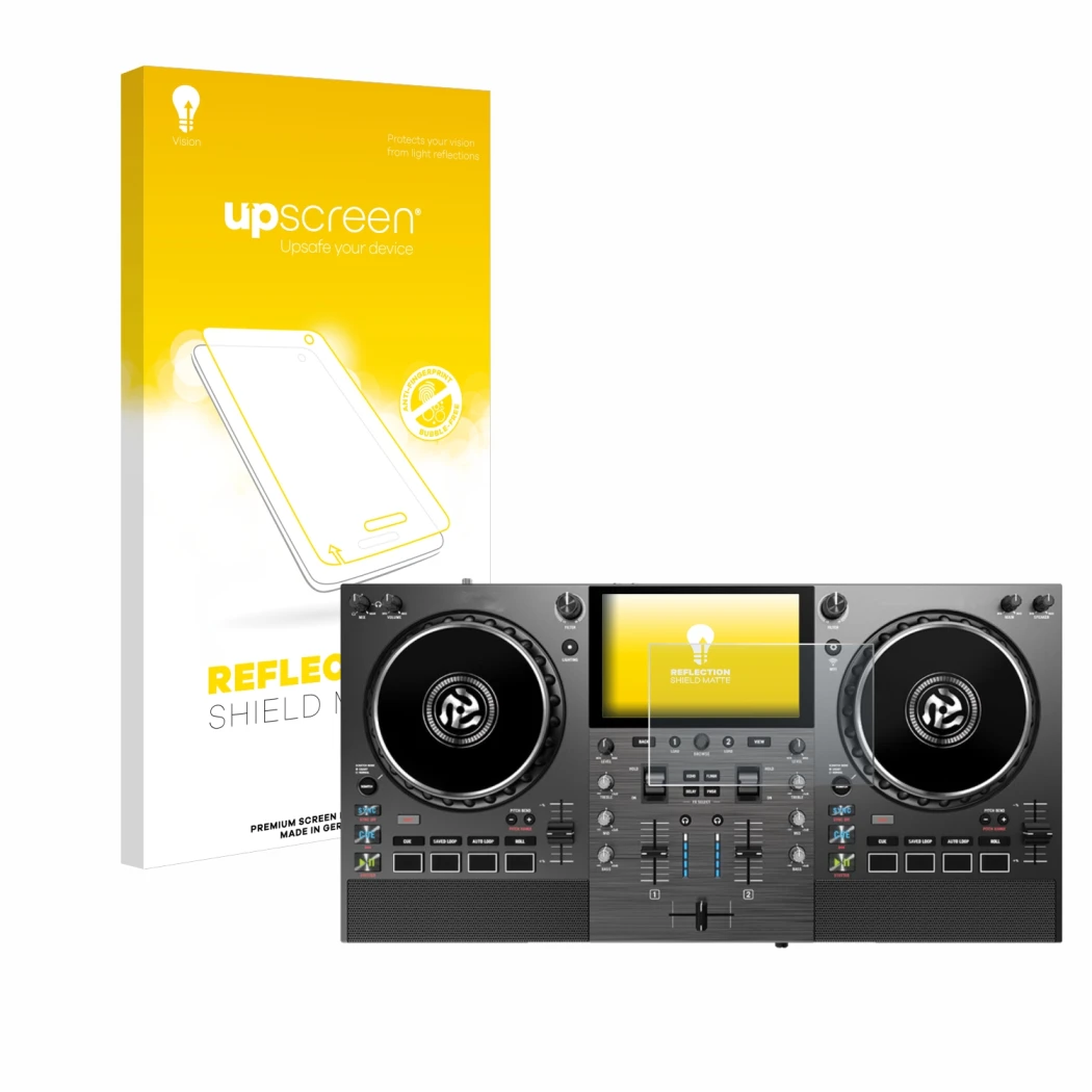 Front side of a product packaging with the brand logo upscreen. Next to it is the device Numark Mixstream Pro Go shown with th