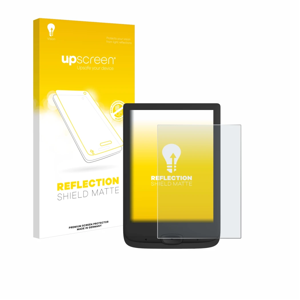 Front side of a product packaging with the brand logo upscreen. Next to it is the device PocketBook Basic Lux 4 shown with the