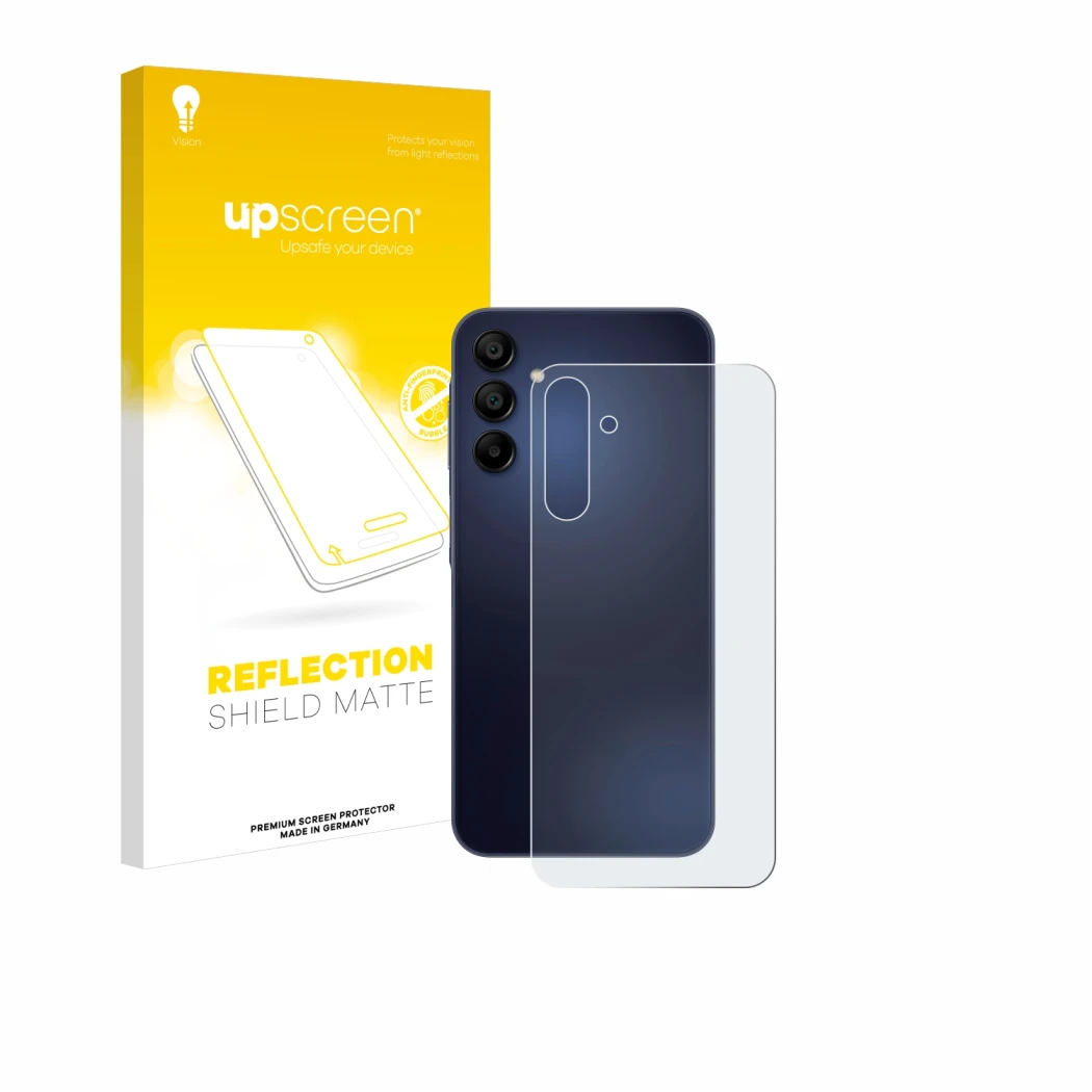 Front side of a product packaging with the brand logo upscreen. Next to it is the device Samsung Galaxy A15 5G (Back) shown wi