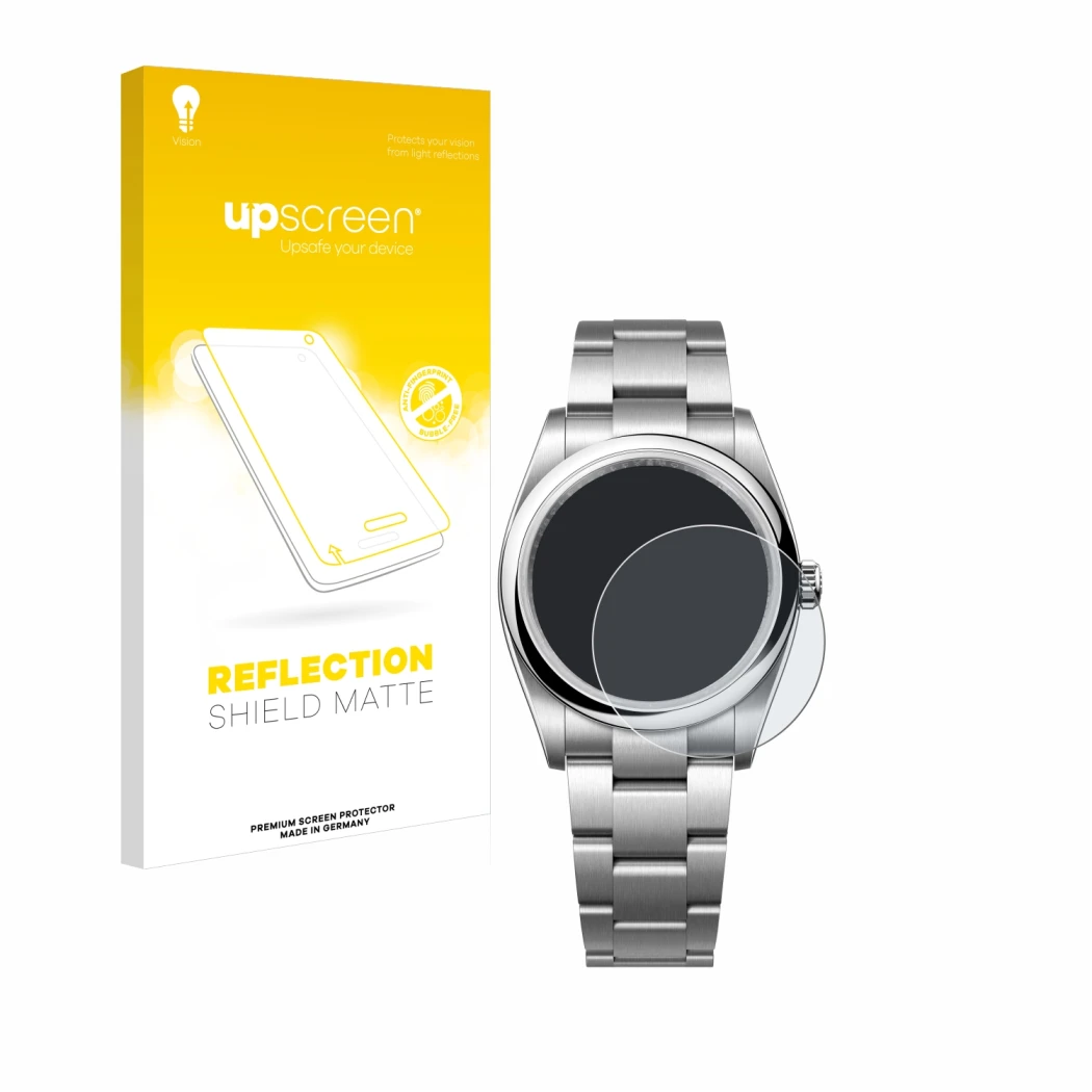 Front side of a product packaging with the brand logo upscreen. Next to it is the device Rolex Oyster Perpetual 36 shown with 