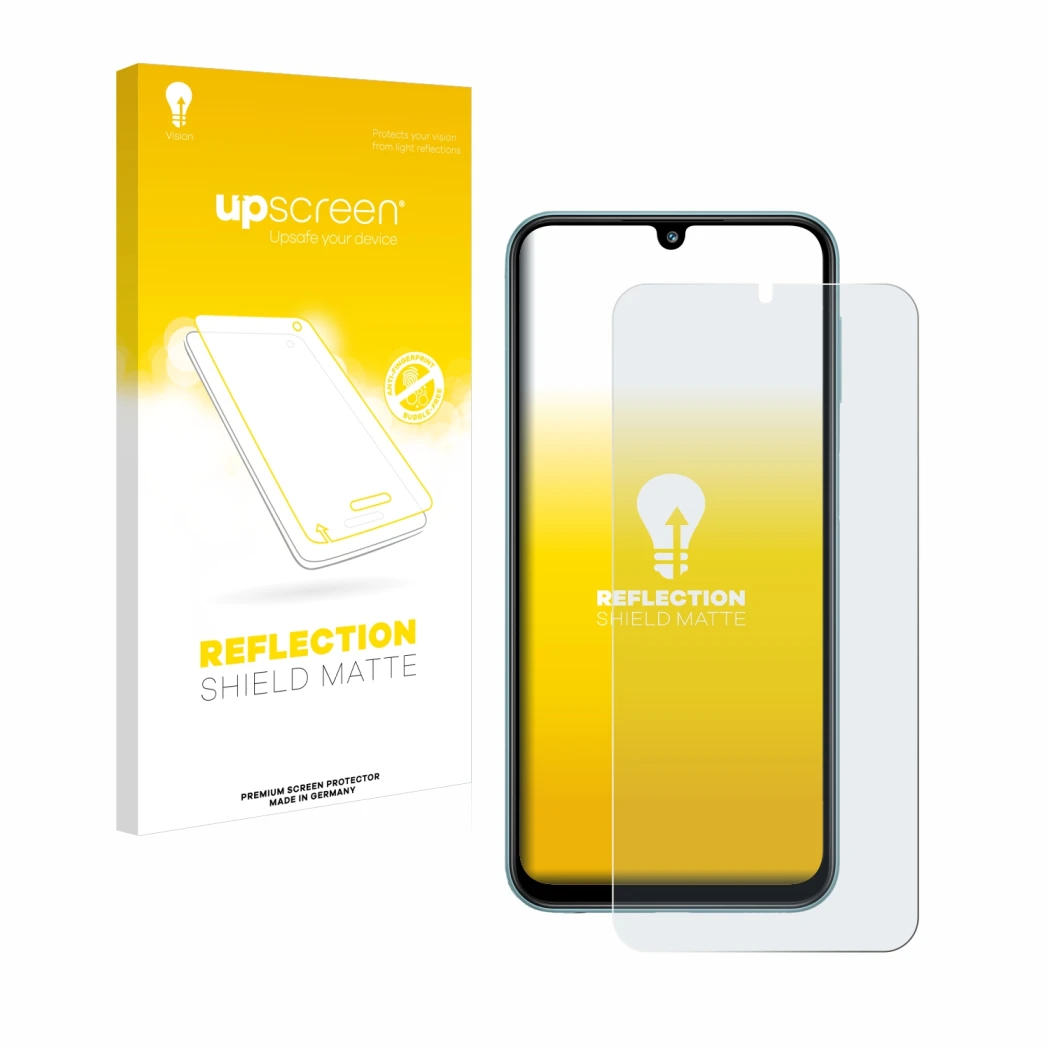 Front side of a product packaging with the brand logo upscreen. Next to it is the device Samsung Galaxy M34 shown with the cor