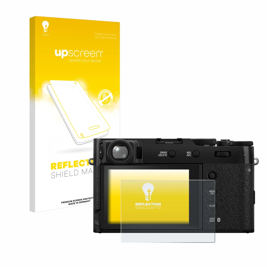 Front side of a product packaging with the brand logo upscreen. Next to it is the device Fujifilm X100VI shown with the corres