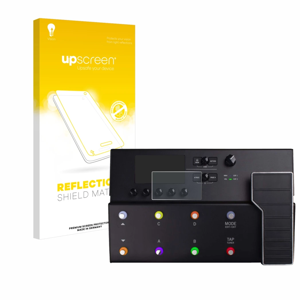 Front side of a product packaging with the brand logo upscreen. Next to it is the device Line 6 POD GO shown with the correspo