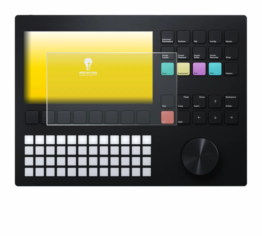 Image of the device Polyend Tracker with a wide variety of screen protectors.