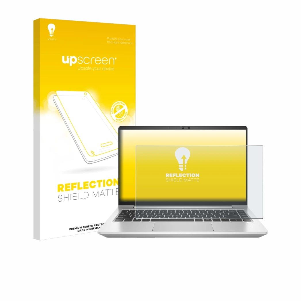 Front side of a product packaging with the brand logo upscreen. Next to it is the device HP ProBook 445 G7 shown with the corr