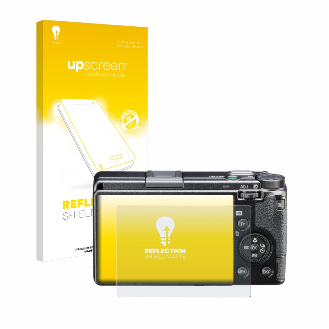 Front side of a product packaging with the brand logo upscreen. Next to it is the device Ricoh GR IIIx HDF shown with the corr
