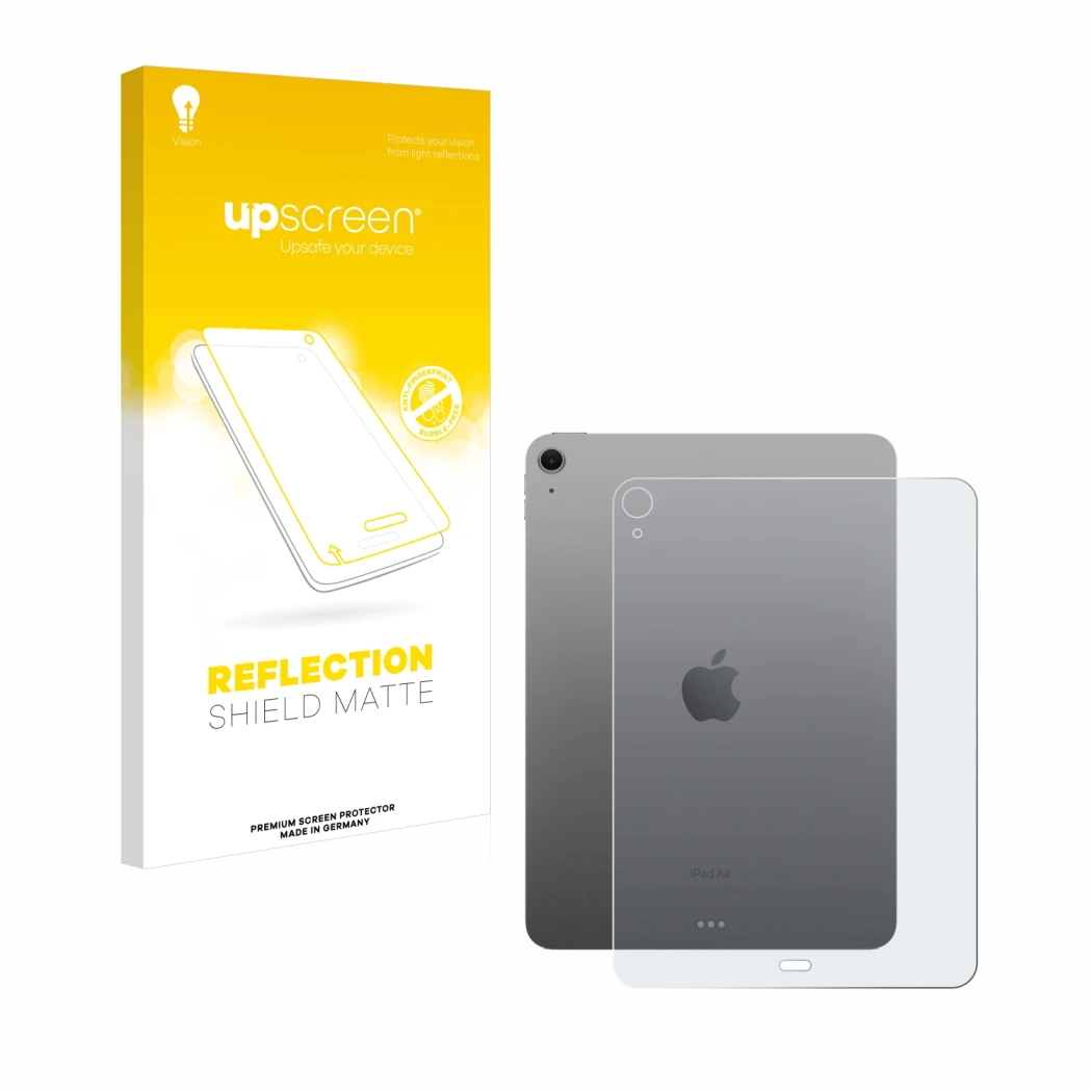 Front side of a product packaging with the brand logo upscreen. Next to it is the device Apple iPad Air 11