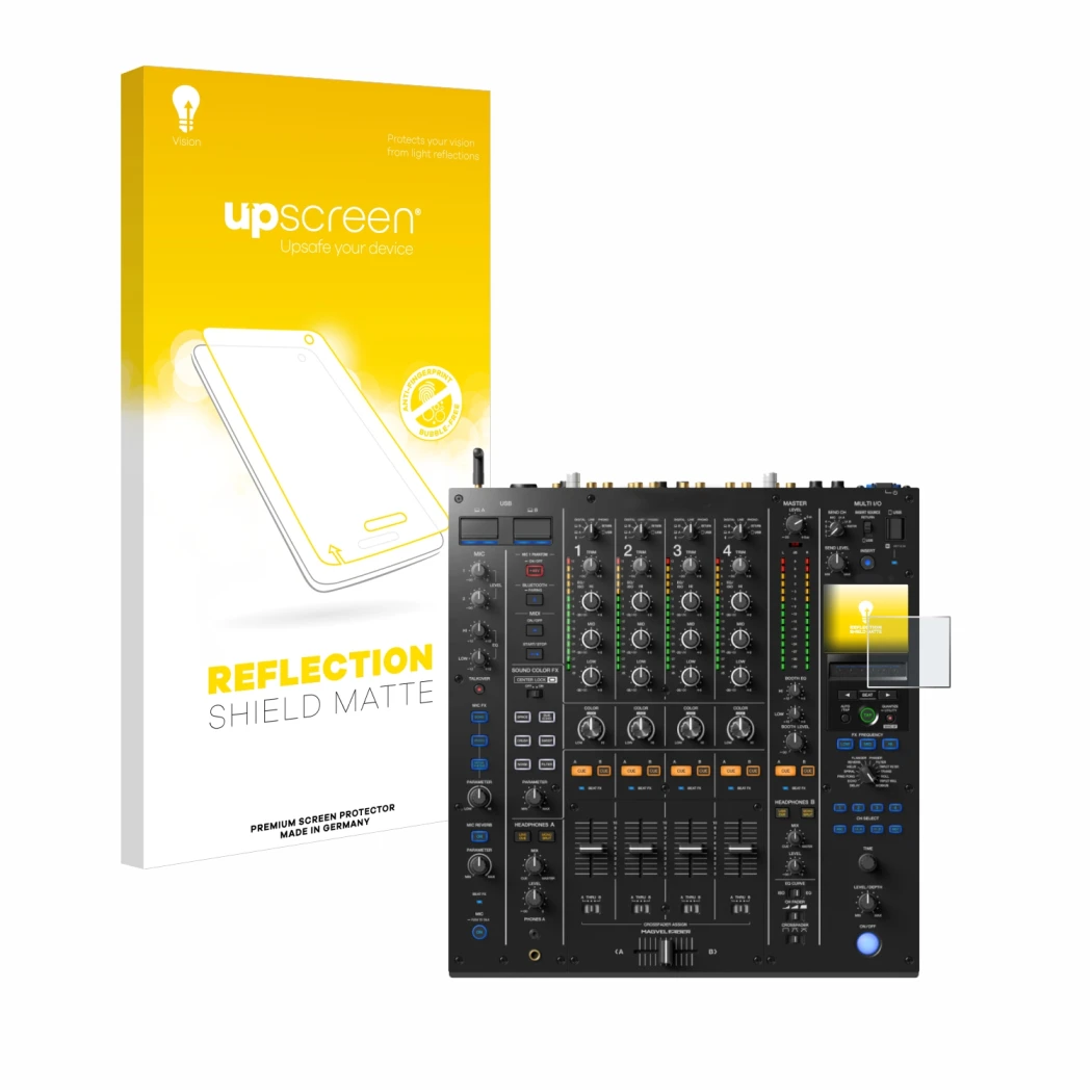 Front side of a product packaging with the brand logo upscreen. Next to it is the device Pioneer DJM A9 shown with the corresp