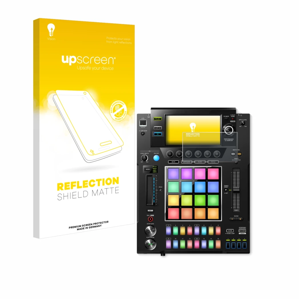 Front side of a product packaging with the brand logo upscreen. Next to it is the device Pioneer DJS -1000 shown with the corr
