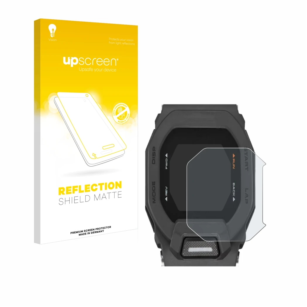 Front side of a product packaging with the brand logo upscreen. Next to it is the device Casio G-Shock GBD-200 shown with the