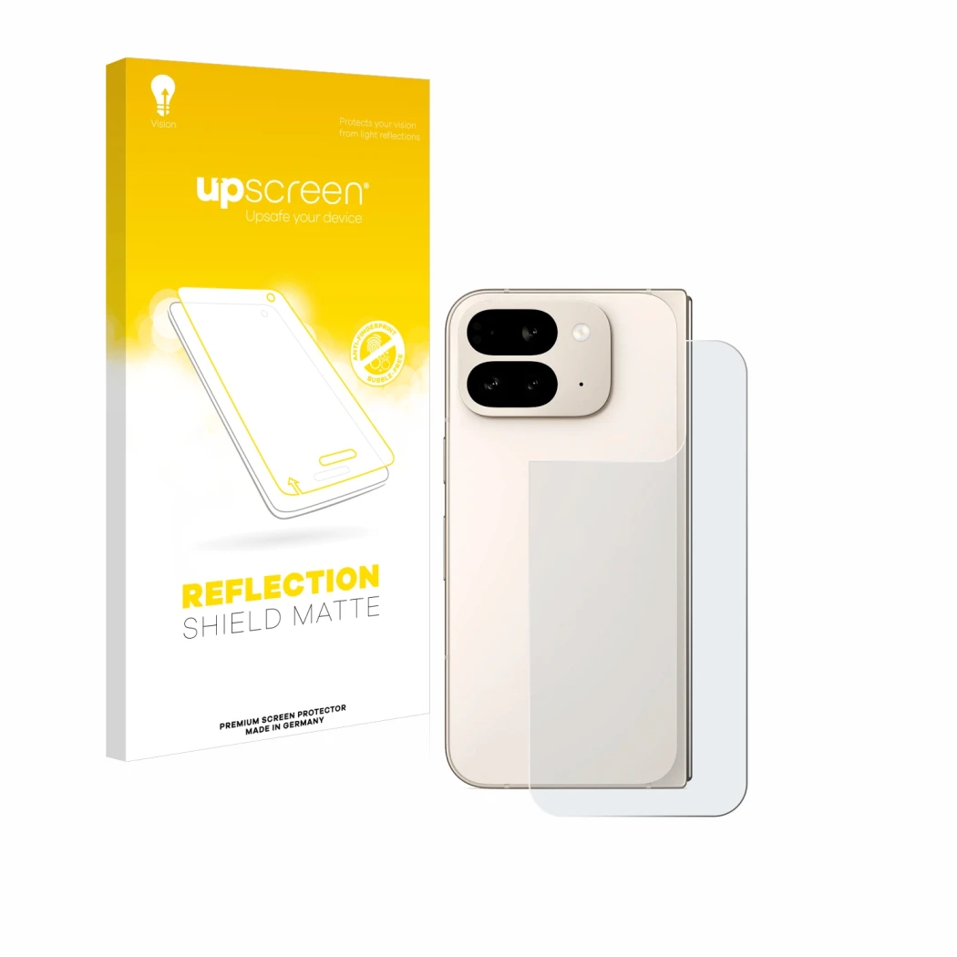 Front side of a product packaging with the brand logo upscreen. Next to it is the device Google Pixel 9 Pro Fold (Back) shown 