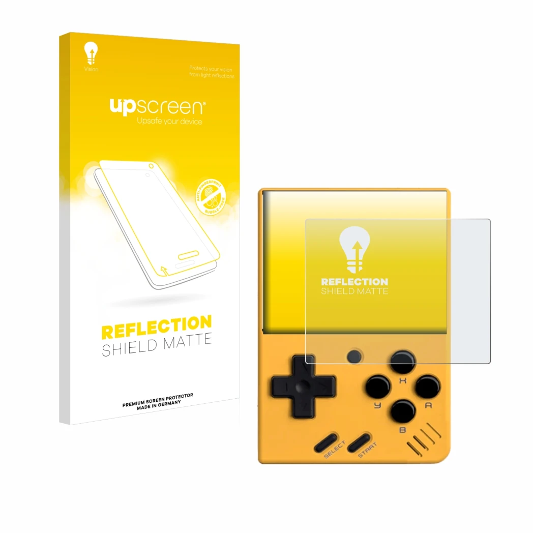 Front side of a product packaging with the brand logo upscreen. Next to it is the device Miyoo Mini V4 shown with the correspo