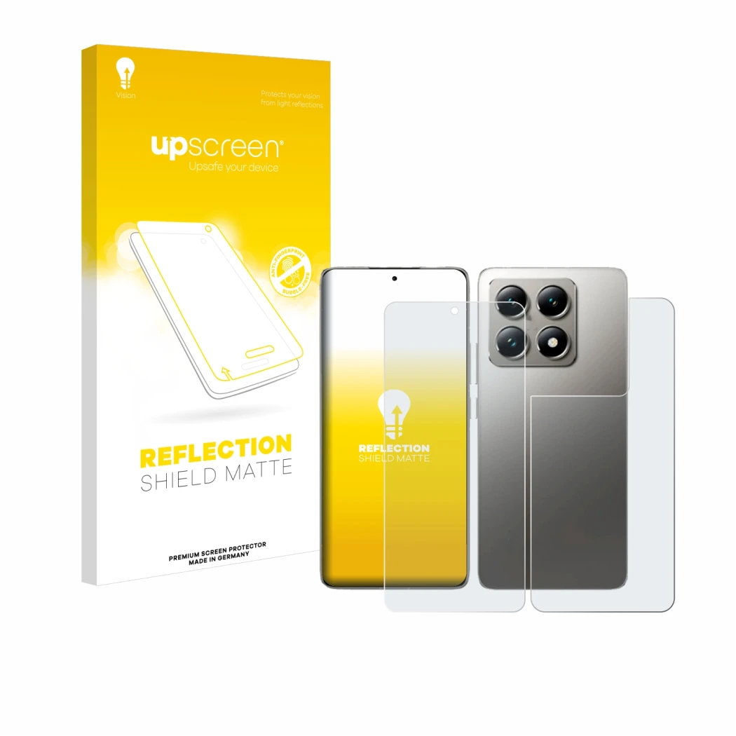 Front side of a product packaging with the brand logo upscreen. Next to it is the device Xiaomi 14T Pro (Front+Back) shown wit