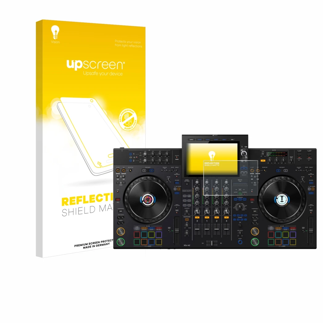 Front side of a product packaging with the brand logo upscreen. Next to it is the device AlphaTheta XDJ-AZ shown with the corr