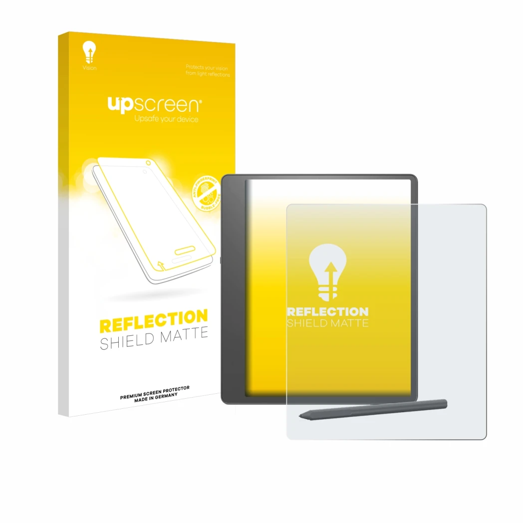 Front side of a product packaging with the brand logo upscreen. Next to it is the device Amazon Kindle Scribe 2024 shown with 