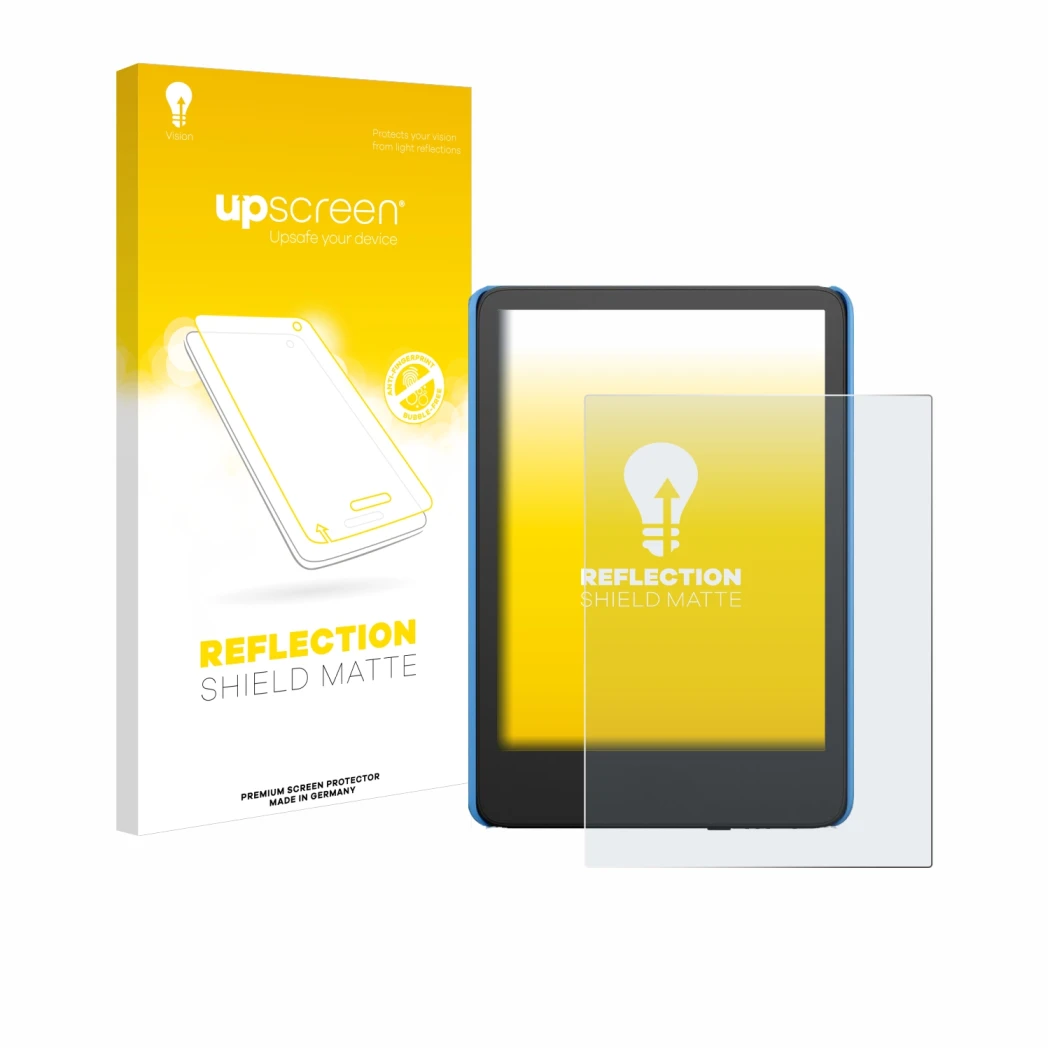 Front side of a product packaging with the brand logo upscreen. Next to it is the device Amazon Kindle Kids (2024) shown with 