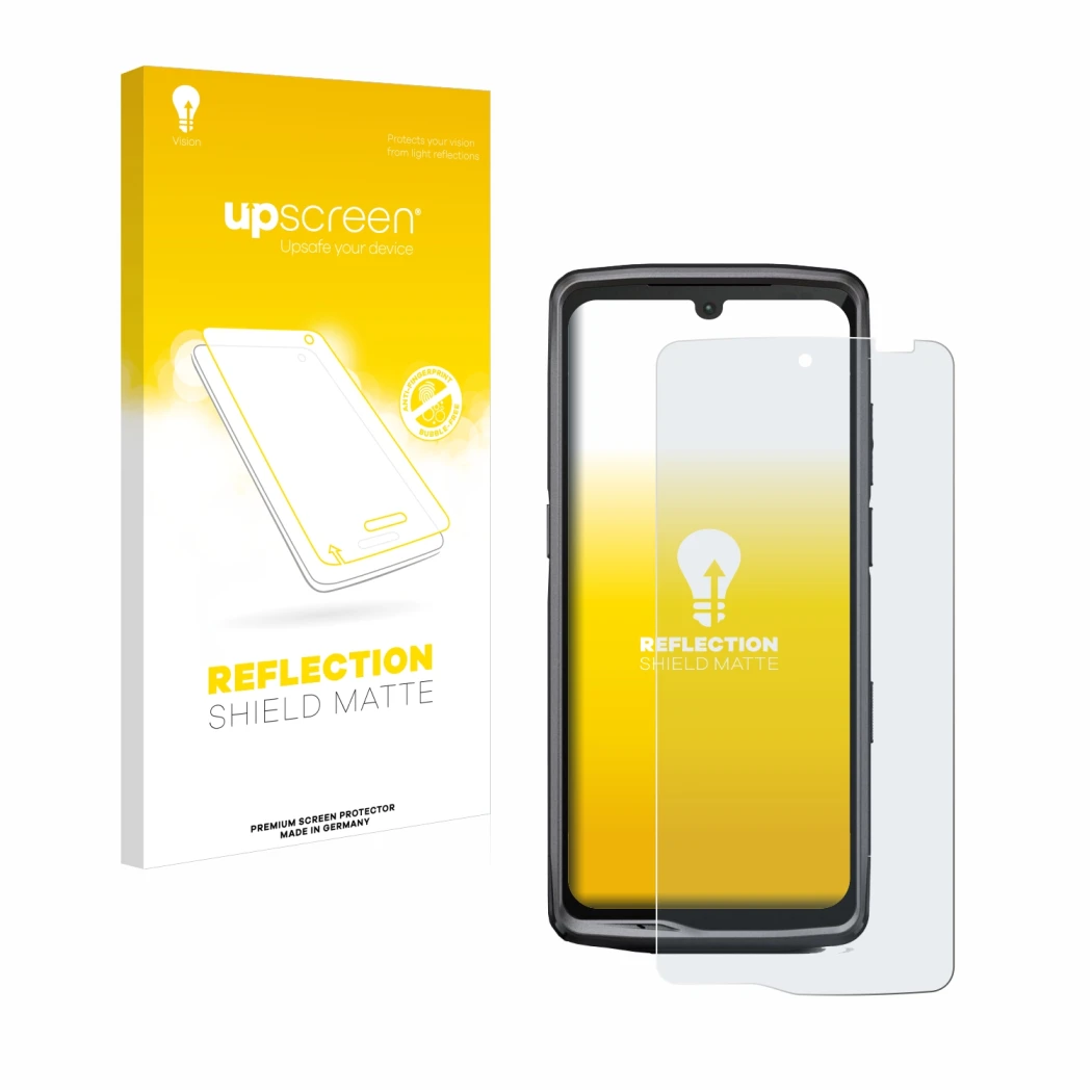 Front side of a product packaging with the brand logo upscreen. Next to it is the device Crosscall Stellar M6E shown with the