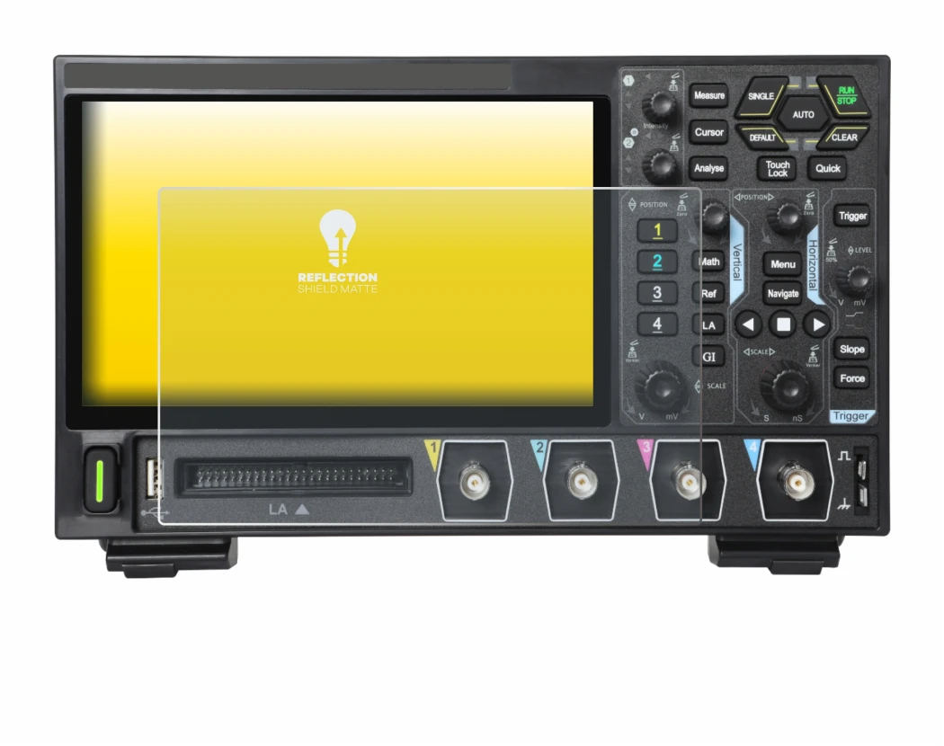 Image of the device Rigol DHO914 with a wide variety of screen protectors.