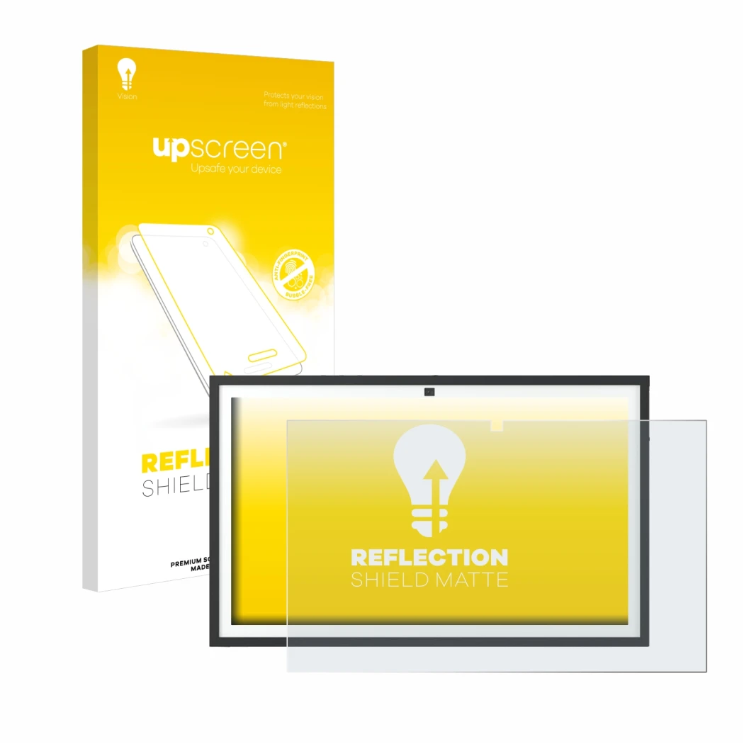 Front side of a product packaging with the brand logo upscreen. Next to it is the device Echo Show 21 shown with the correspon
