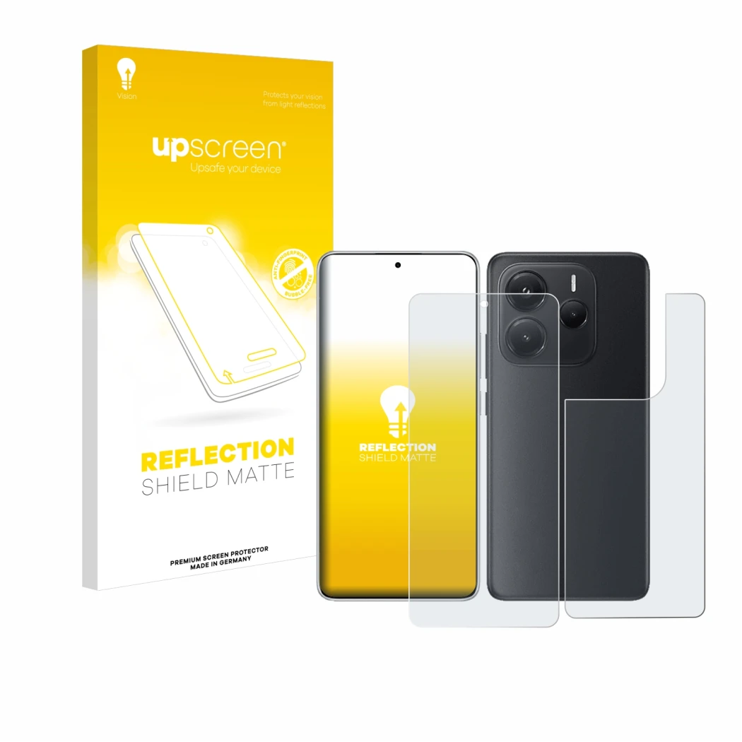 Front side of a product packaging with the brand logo upscreen. Next to it is the device Xiaomi Redmi Note 14 (Front+Back) sho