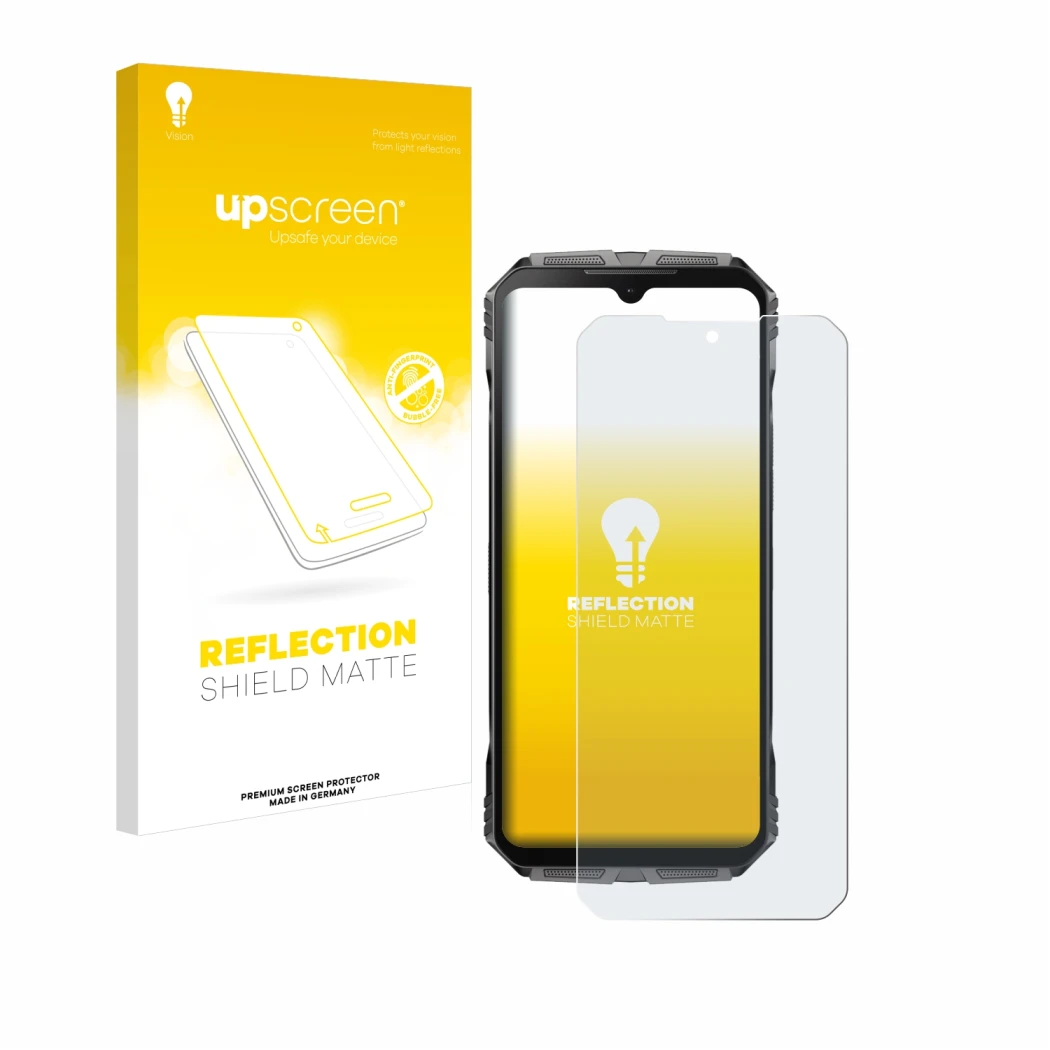 Front side of a product packaging with the brand logo upscreen. Next to it is the device Doogee S Cyber shown with the corresp