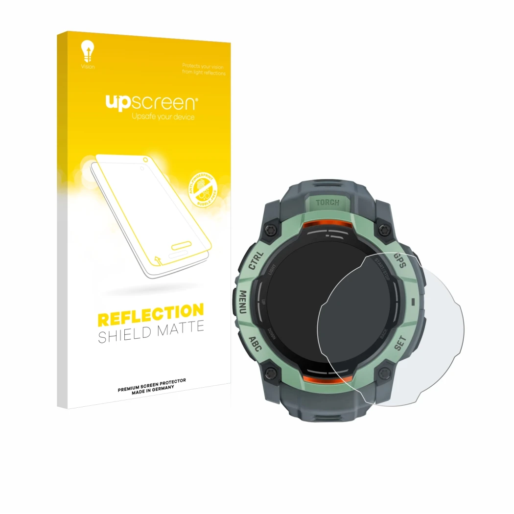 Front side of a product packaging with the brand logo upscreen. Next to it is the device Garmin Instinct 3 AMOLED (50 mm) show