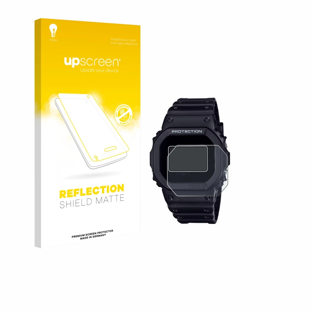 Front side of a product packaging with the brand logo upscreen. Next to it is the device Casio G-Shock DW-5600RL-1 shown with 