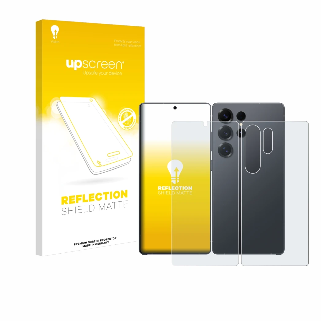 Front side of a product packaging with the brand logo upscreen. Next to it is the device Samsung Galaxy S25 Ultra (Front+Back)