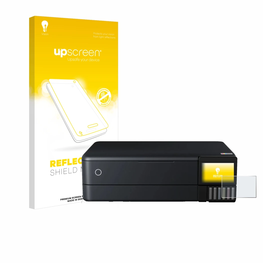 Front side of a product packaging with the brand logo upscreen. Next to it is the device Epson EcoTank ET-8550 shown with the