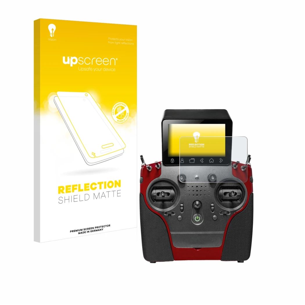 Front side of a product packaging with the brand logo upscreen. Next to it is the device PowerBox Systems Atom shown with the
