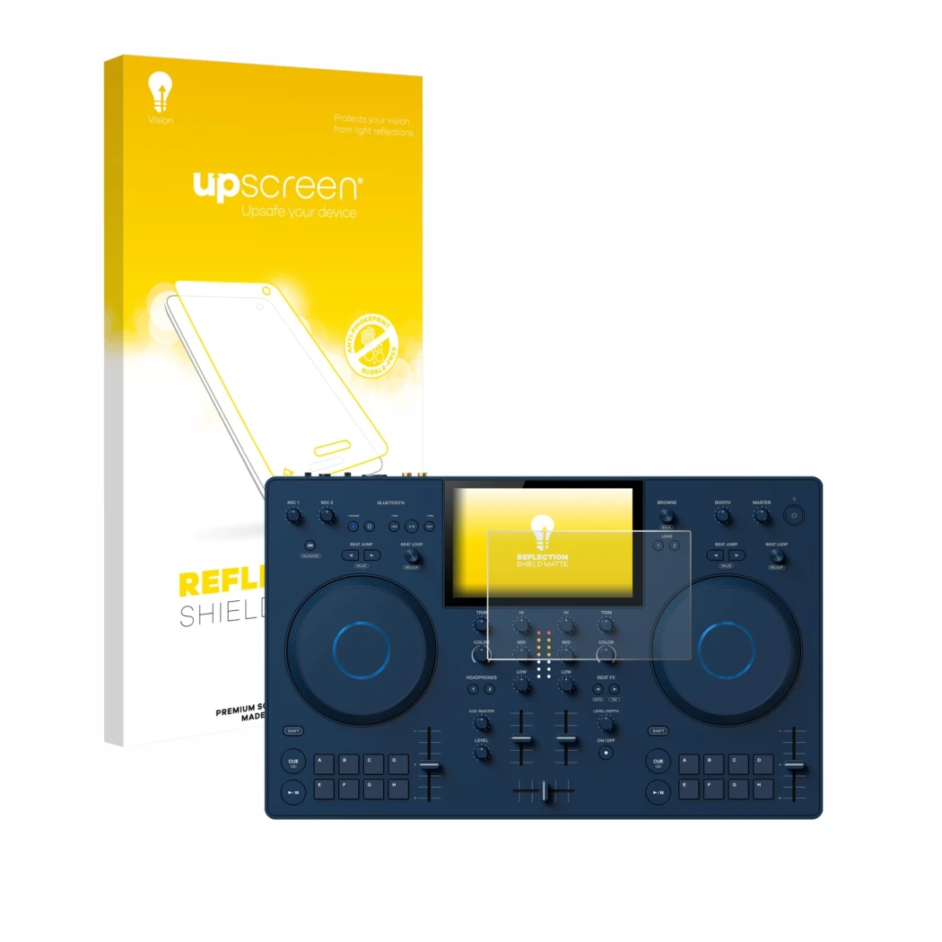 Front side of a product packaging with the brand logo upscreen. Next to it is the device AlphaTheta OMNIS-Duo (Jog) shown with