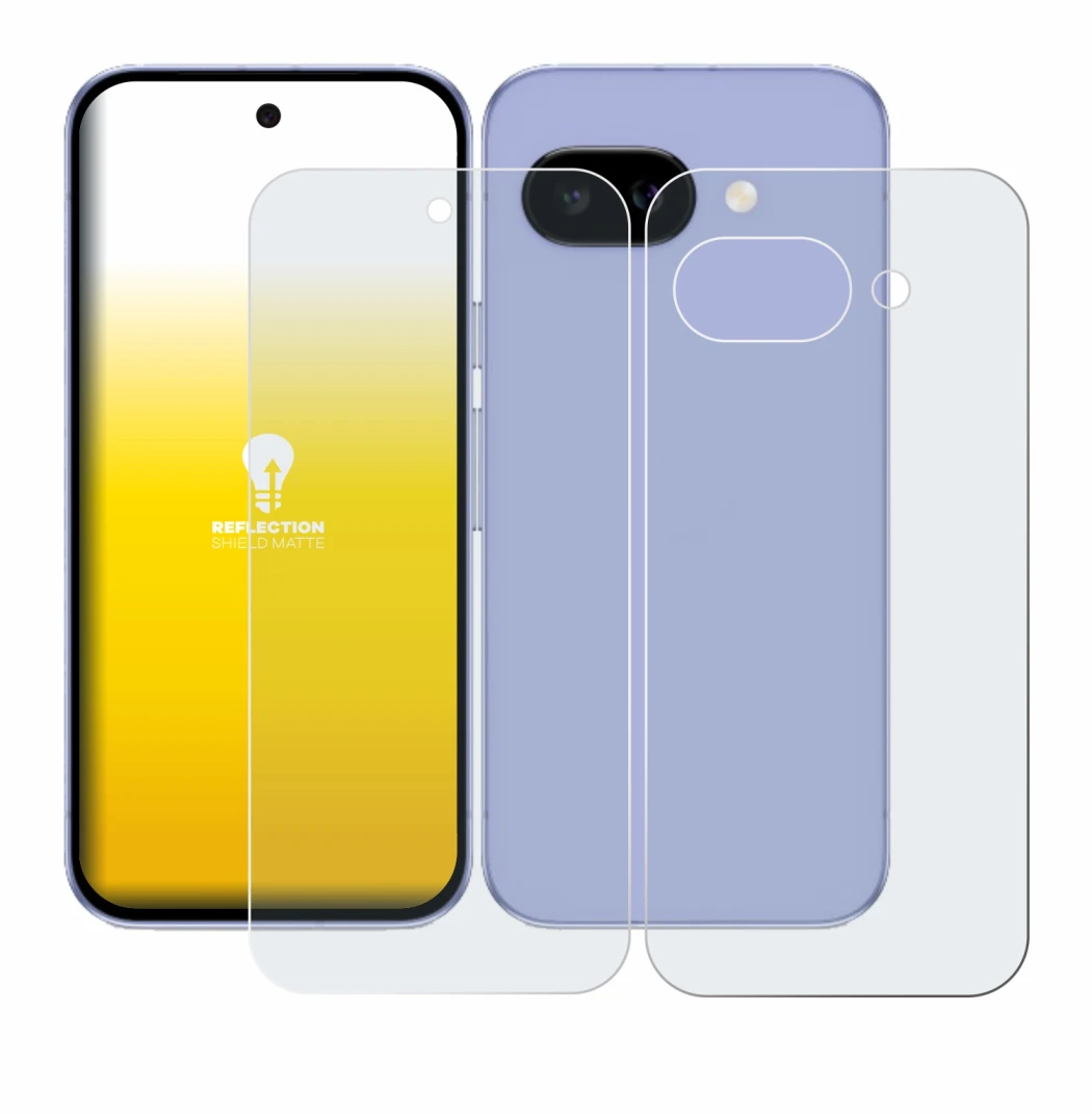 Image of the device Google Pixel 9a (Front+Back) with a wide variety of screen protectors.