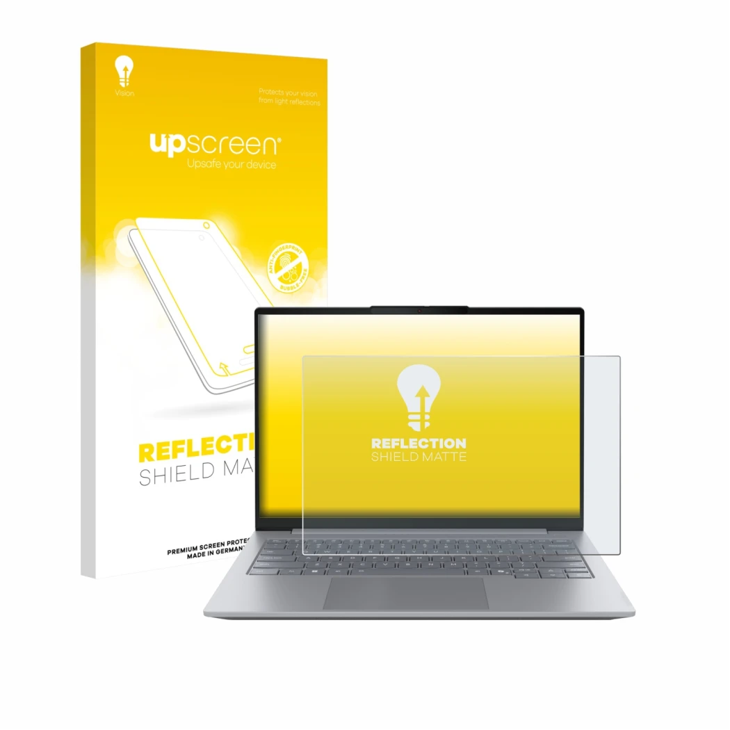 Front side of a product packaging with the brand logo upscreen. Next to it is the device Lenovo ThinkBook 14 Gen 8 shown with 