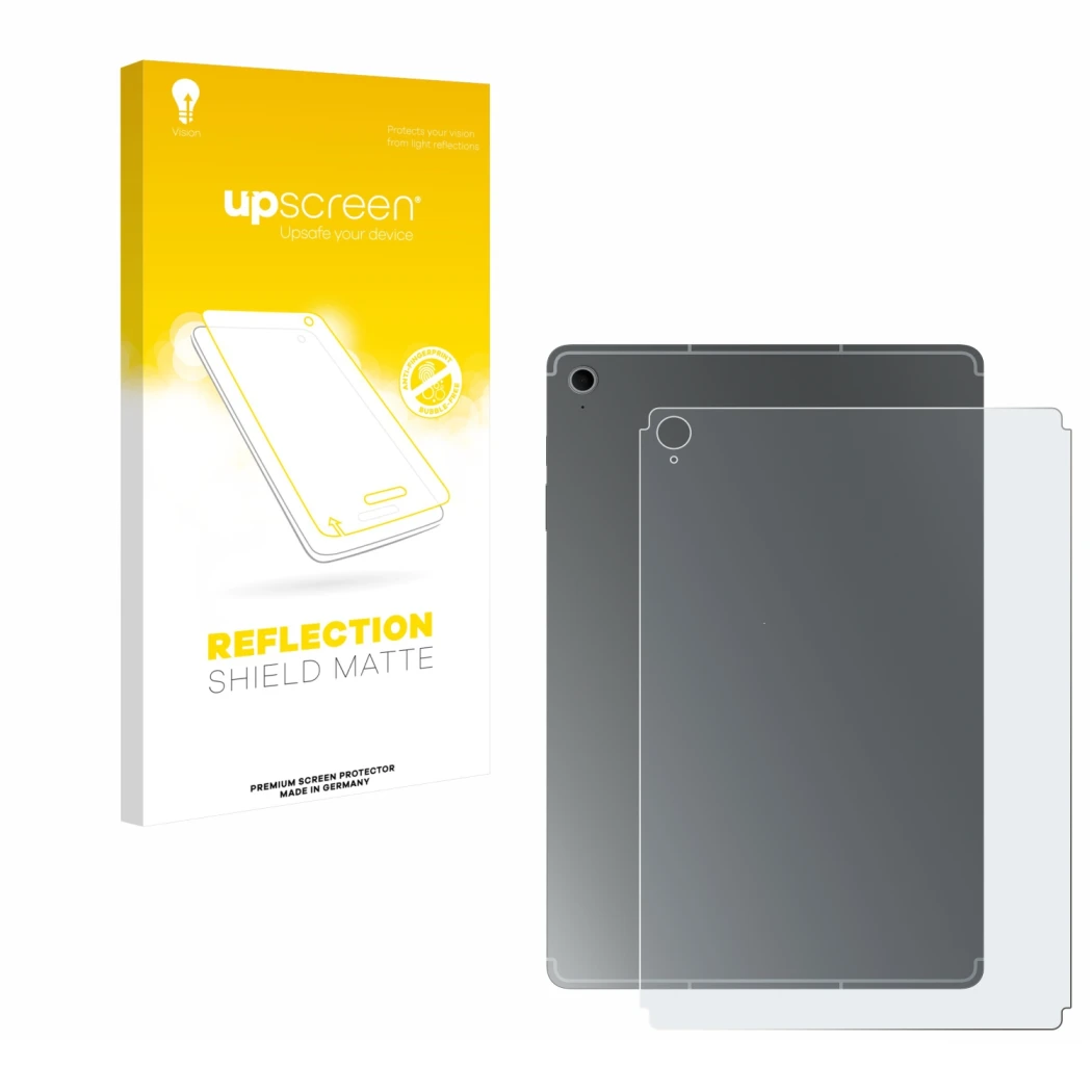 Front side of a product packaging with the brand logo upscreen. Next to it is the device Samsung Galaxy Tab S10 FE+ (Back) sho