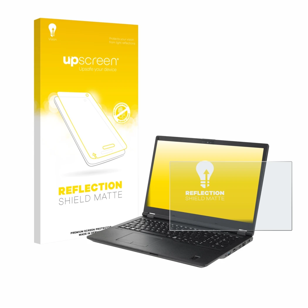 Front side of a product packaging with the brand logo upscreen. Next to it is the device Fujitsu Lifebook U7511 shown with the