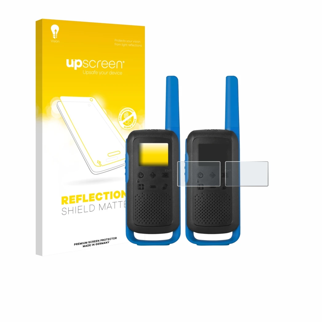Front side of a product packaging with the brand logo upscreen. Next to it is the device Motorola TALKABOUT T62 shown with the
