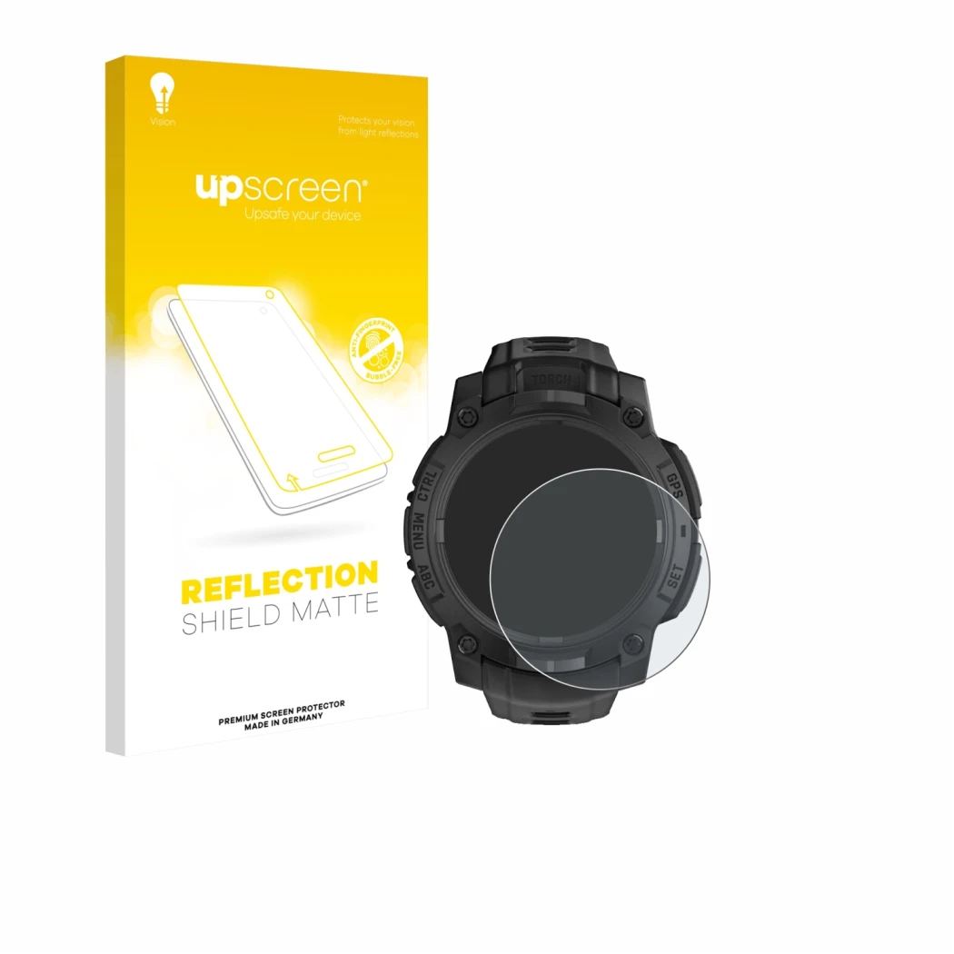 Front side of a product packaging with the brand logo upscreen. Next to it is the device Garmin Instinct 3 Solar Tactical Edit