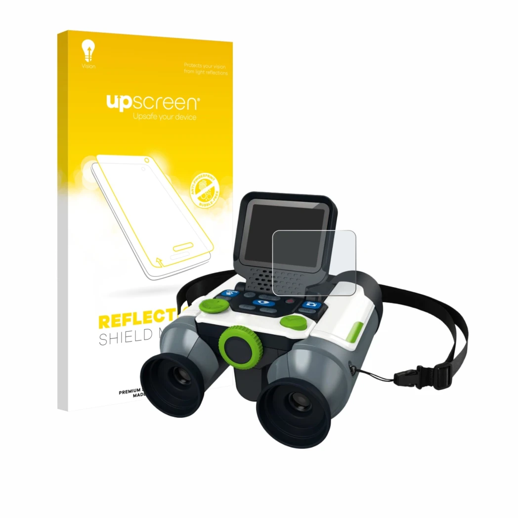 Front side of a product packaging with the brand logo upscreen. Next to it is the device Vtech Interactive Video Binoculars sh