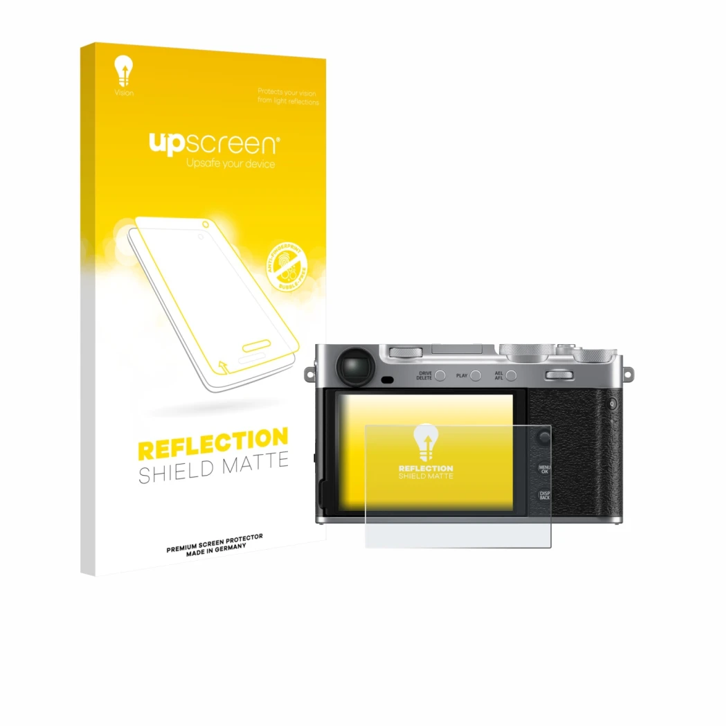 Front side of a product packaging with the brand logo upscreen. Next to it is the device Fujifilm X-E5 shown with the correspo