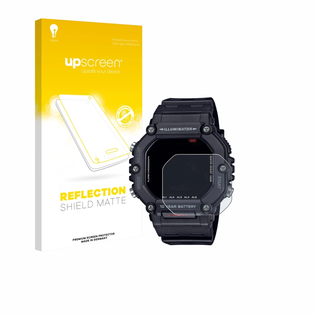Front side of a product packaging with the brand logo upscreen. Next to it is the device Casio AE-1600H shown with the corresp